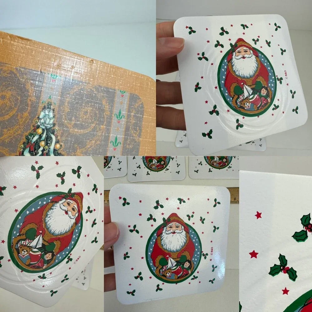 Vtg 11 Christmas Tree Santa Coasters Soft Hard‎ Holiday Decor Wicker Basket READ